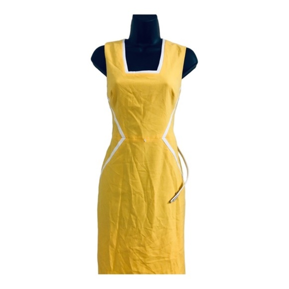 Calvin klein yellow white color block square neck belted sheath dress size 6 new - Picture 1 of 16